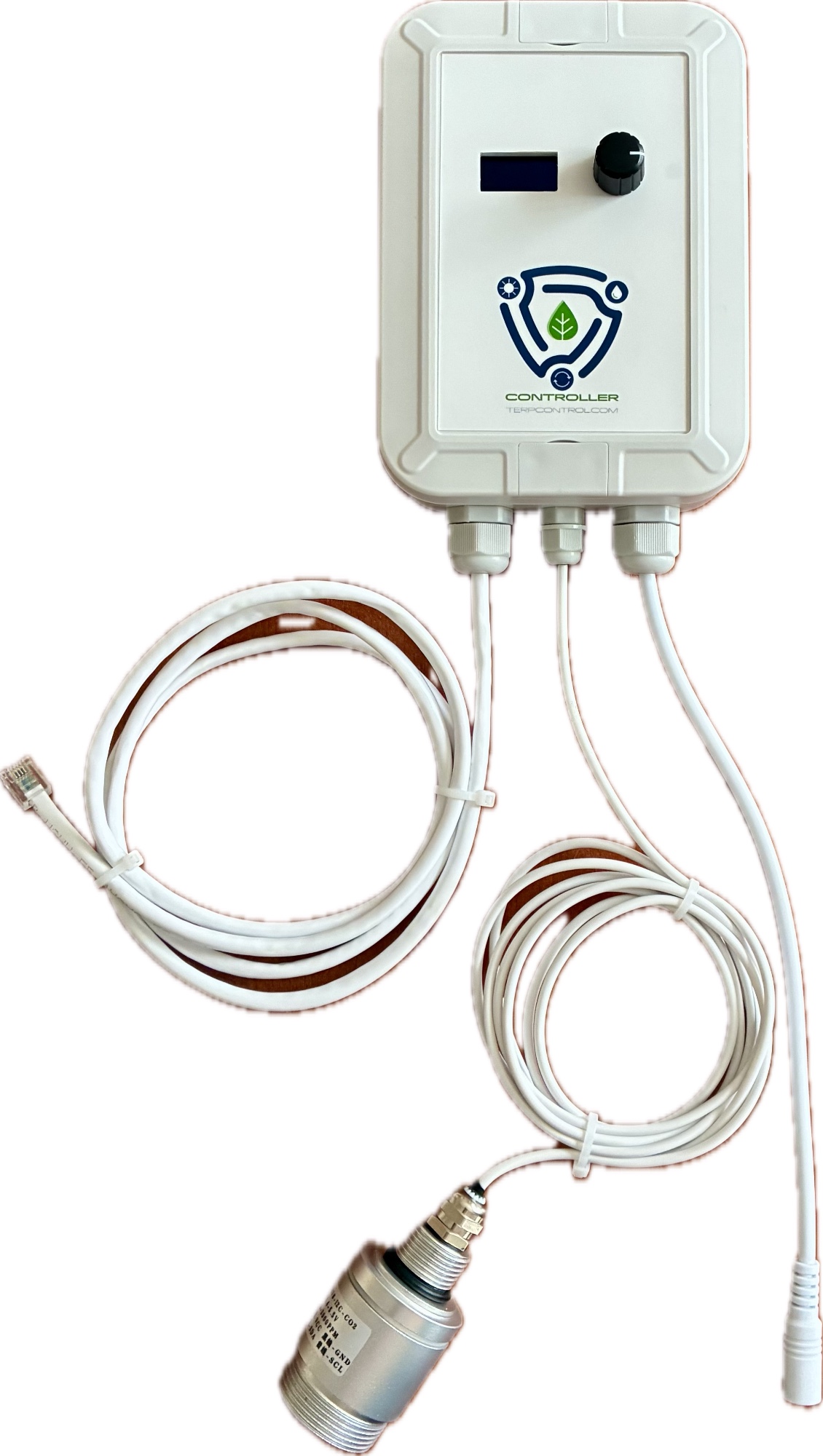 Terp Control Controller mit Drehregler, Display, RJ45-Anschlusskabel und CO₂/T/rH-Sensor