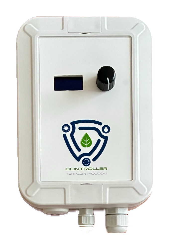 Terp Control Controller mit Drehregler, Display und Anschlusskabeln für Lüfter und Sensor